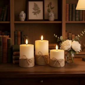 Goyuon Flameless Pillar Candles Realistic Flickering with Hemp Rope Decor, Battery Operated LED Candles with Remote Control, Timer, Dimmable, Acrylic Shell, 3 Pack