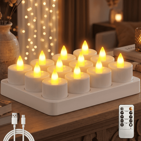 Flameless Candles, 12 Pack Rechargeable LED Lights with Remote Control & Charging Base Home Birthday Party Decorations