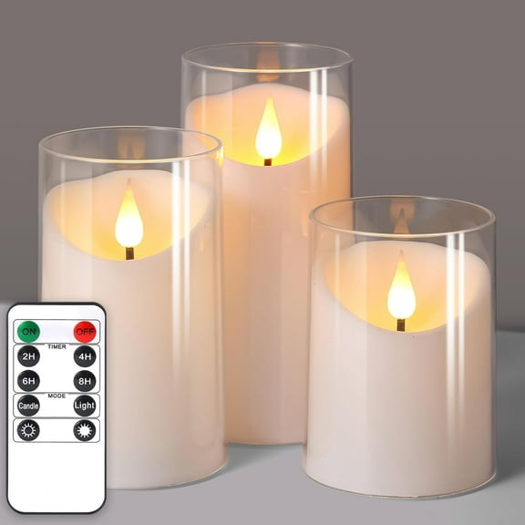 Flameless Candles with Remote Timer: 3D Wick Battery Operated Led Pillar Unbreakable Acrylic Fake Candle Set for Home Decoration Romantic Ambiance - Pure White 3 Pack