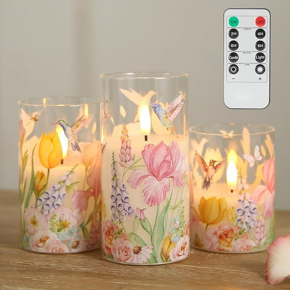 Flameless Candles with Remote Timer, Battery Operated Candles Real Wax Hummingbird Flickering LED Candles Floral Christmas Holiday Decor Electric Pillar Candles Set of 3