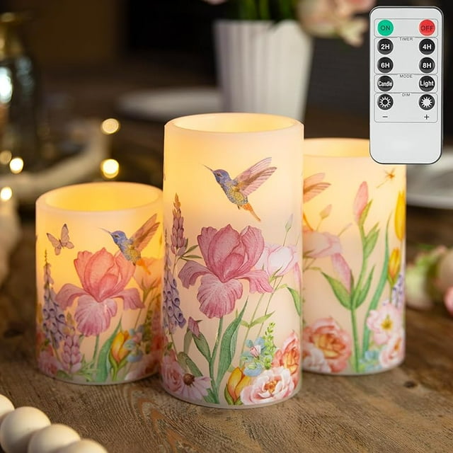 Flameless Candles with Remote Timer, Battery Operated Candles Real Wax Hummingbird Flickering LED Candles Floral Christmas Holiday Decor Electric Pillar Candles Set of 3