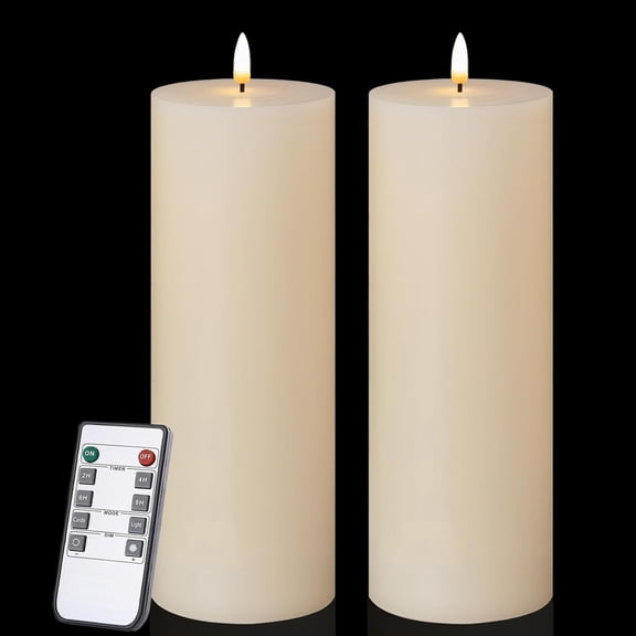 Flameless Candles Set of 2 (3x9 inch) Flickering LED Wax Candles Battery Operated with Remote Control Timers for Fall Decor/Night Light/Fireplace/Party Dimmable Ivory Pillars Flat top