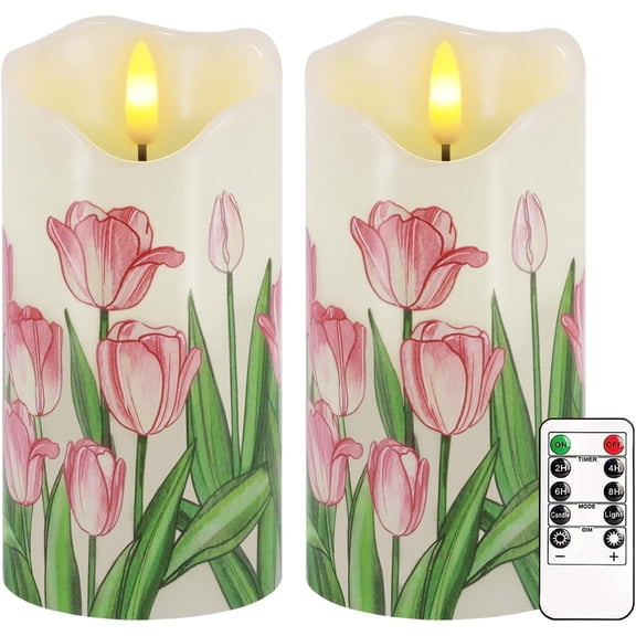 Flameless Candles Set of 2, 6"x3" Flickering Tulip LED Candles with Remote & Timer, Dimmable Real Wax Electric Pillar Candles Battery Operated, Birthday Gift Mother's Day Gift for Mom Women (Tulip)