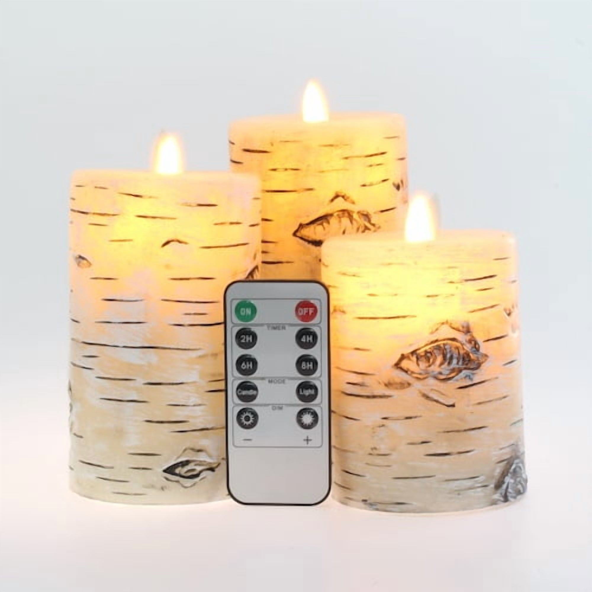 Flameless Candles Set of 3 ,D 3" x H 4" 5" 6"  Birch Bark Real Wax Pillars & Moving Flame Wick LED Candles with  Remote Control