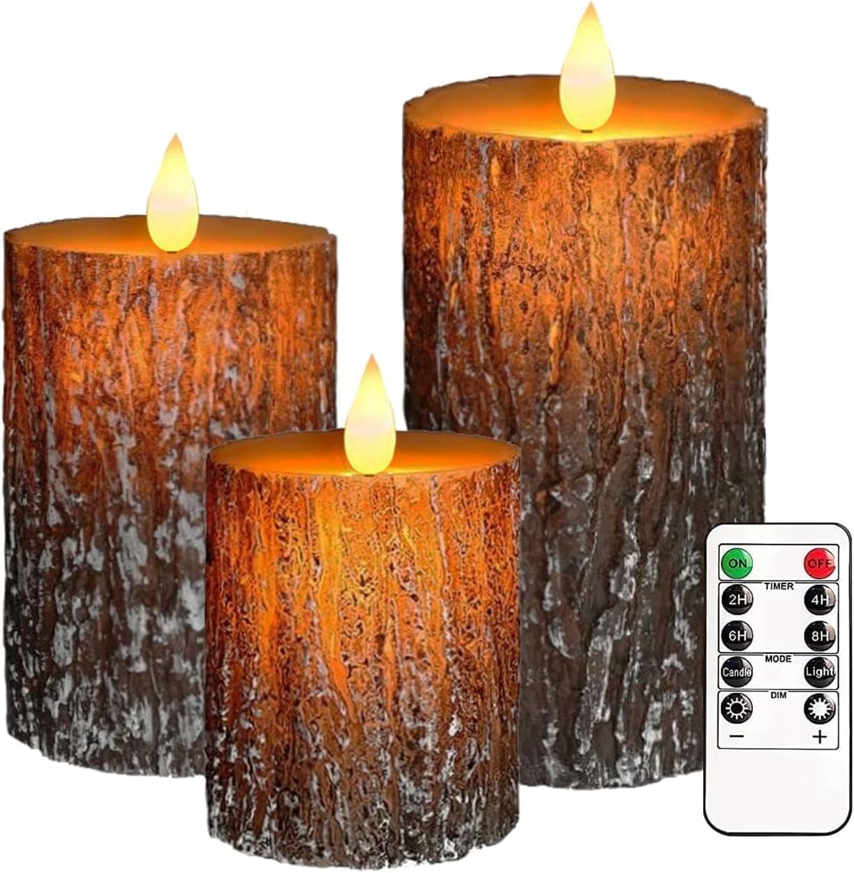 Flameless Candles Set of 3 with Remote - Pine Bark LED Pillar Candles, Battery Operated Flickering Timer for Farmhouse Decor D3 x H4 5" 6"