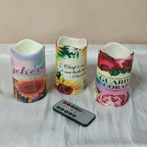 Flameless Candles with Spanish Style Pattern Battery Operated LED Candles with Remote Control,Printed Pillar LED Candles for Wedding Holiday Table Home Decorations,Set of 3
