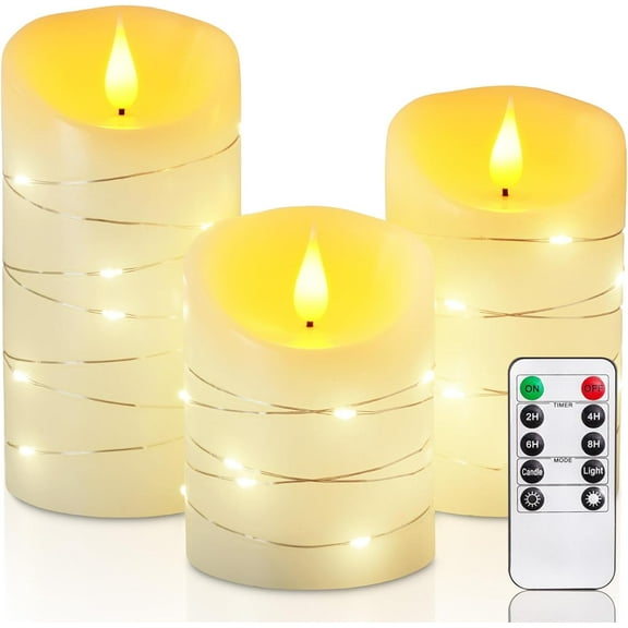 Flameless Candles with String Lights, 3 Pack Embedded Fairy String Lights LED Candles, Electric Flickering Candles with Remote Control and Timer, Real Wax, Ivory White