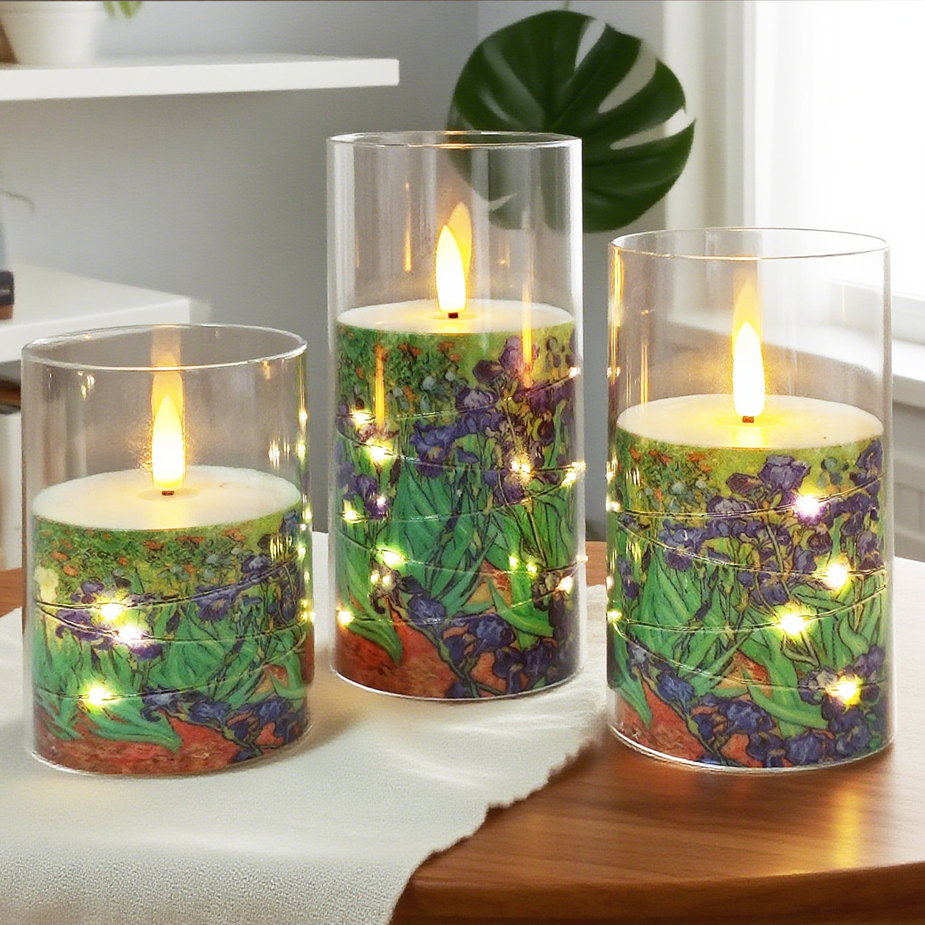 Flameless Candles with String Lights LED Candle Battery Operated Candles with Remote Control,Printed Pillar LED Candles for Wedding Holiday Party Table Home Decorations,Set of 3