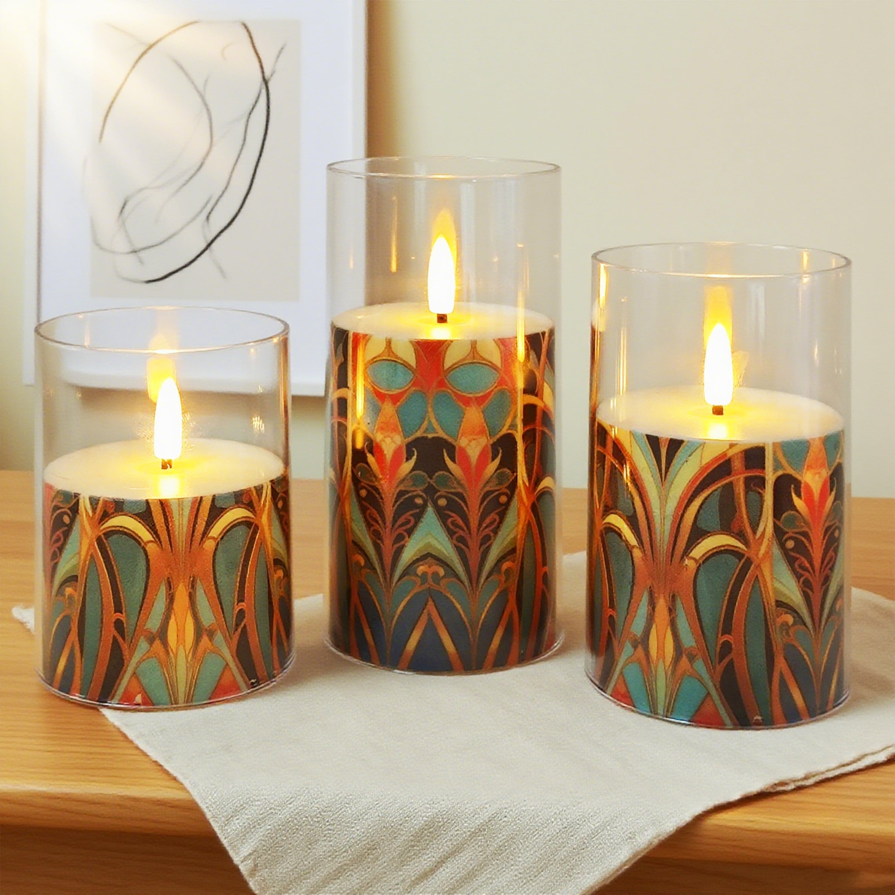 Flameless Candles with String Lights LED Candle Battery Operated Candles with Remote Control,Printed Pillar LED Candles for Wedding Holiday Party Table Home Decorations,Set of 3