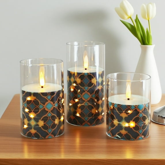 Flameless Candles with String Lights LED Candle Battery Operated Candles with Remote Control,Printed Pillar LED Candles for Wedding Holiday Party Table Home Decorations,Set of 3