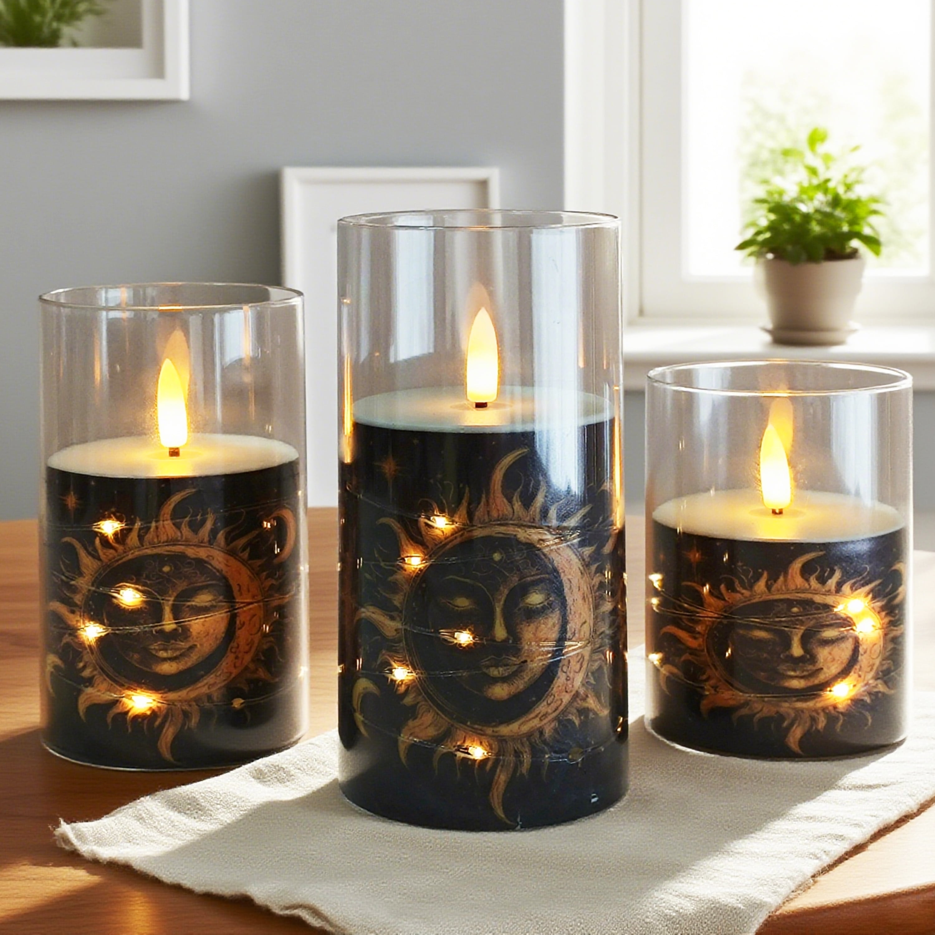 Flameless Candles with String Lights LED Candle Battery Operated Candles with Remote Control,Printed Pillar LED Candles for Wedding Holiday Party Table Home Decorations,Set of 3