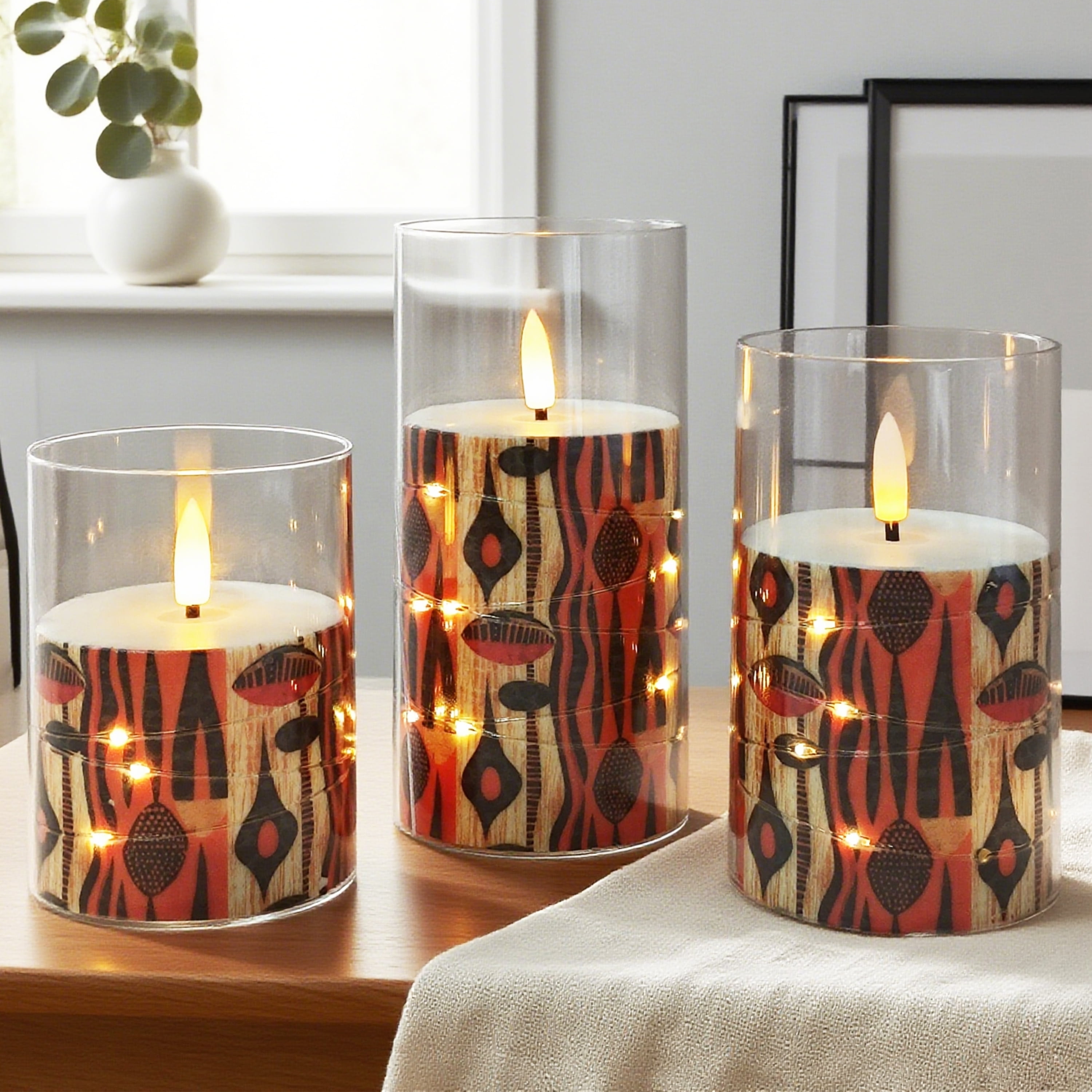 Flameless Candles with String Lights LED Candle Battery Operated Candles with Remote Control,Printed Pillar LED Candles for Wedding Holiday Party Table Home Decorations,Set of 3