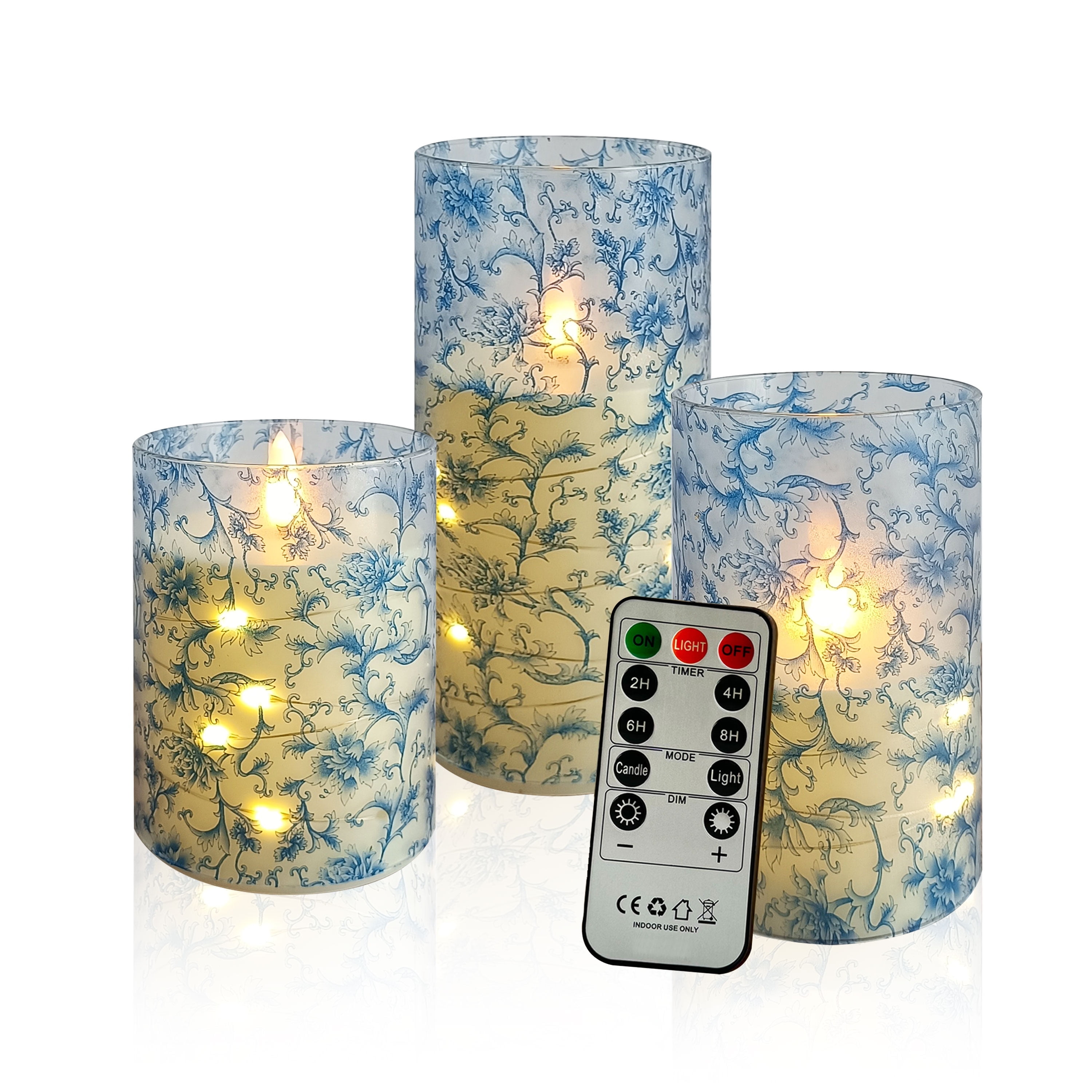 Flameless Candles with String Lights LED Candle Battery Operated Candles with Remote Control,Printed Pillar LED Candles for Wedding Holiday Table Home Decorations,Set of 3