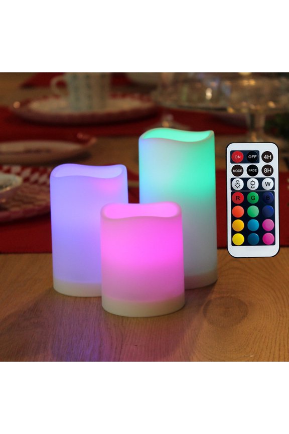 Flameless Candles with Timer, Colour Changing LED Candles with Remote Control,Battery Candles Outdoor and Indoor Home Decor, Set of 3, 2.5" D X H3/4/5 by 3AAA Batteries(not Included)