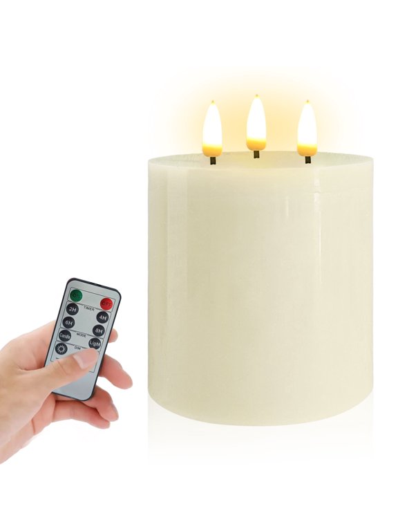 Flameless Candles with 3 Wicks, Battery Operated Candles with Remote Control and Timers, 4 inch Diameter LED Pillar Candles, Real Wax, Ivory