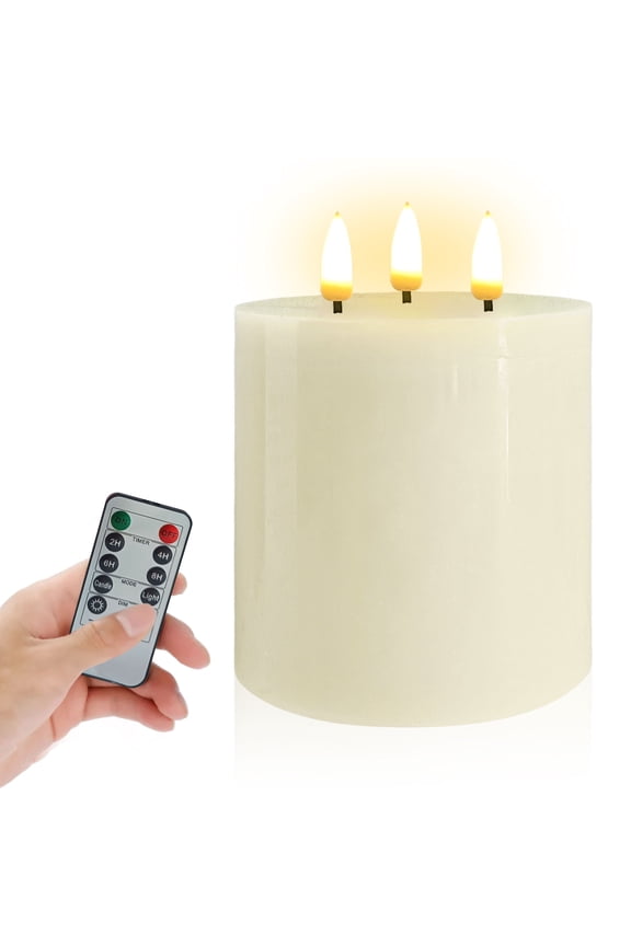 Flameless Candles with 3 Wicks, Battery Operated Candles with Remote Control and Timers, 4 inch Diameter LED Pillar Candles, Real Wax, Ivory