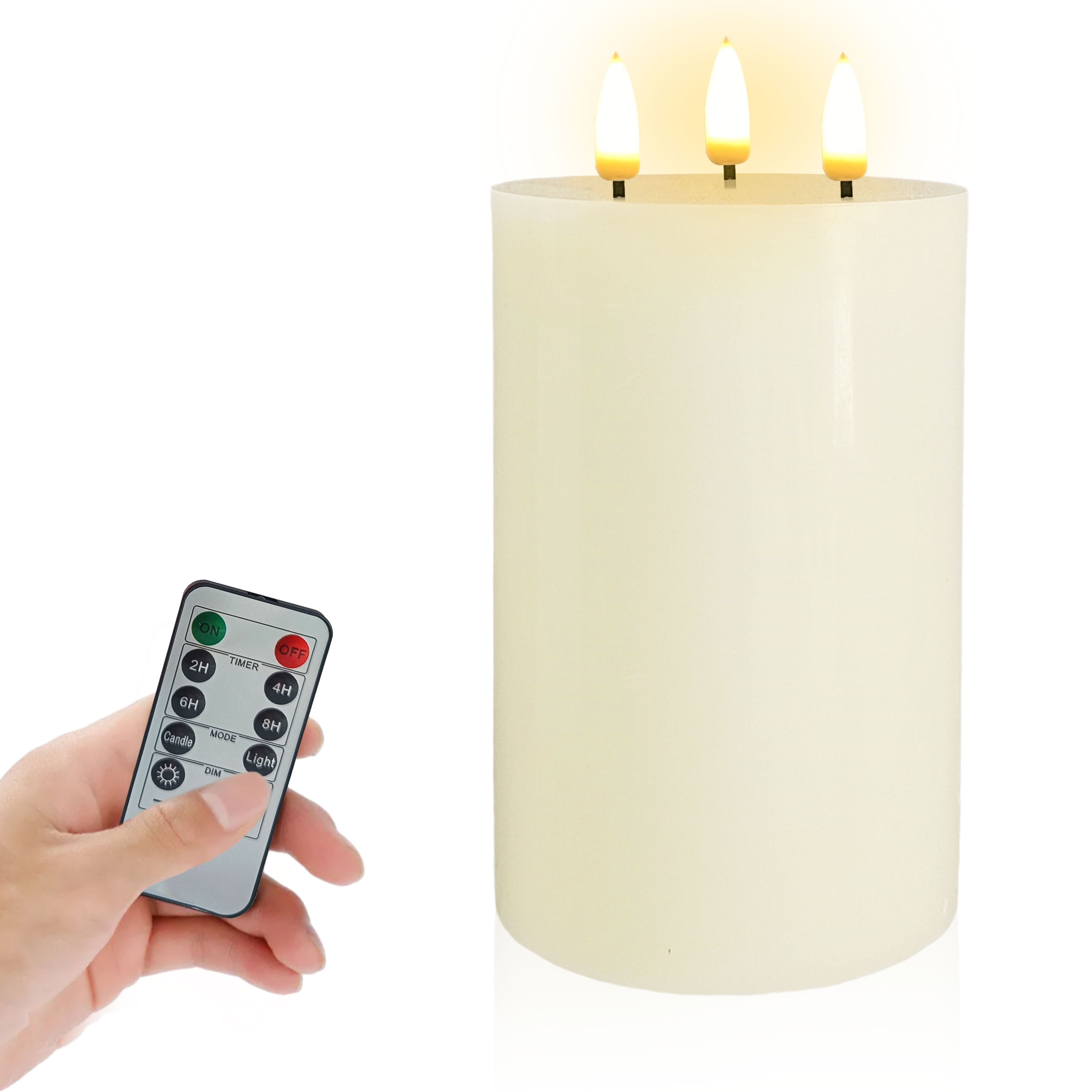 Flameless Candles with 3 Wicks, Battery Operated Candles with Remote Control and Timers, 6 inch Diameter LED Pillar Candles, Real Wax, Ivory