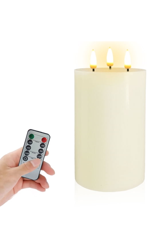 Flameless Candles with 3 Wicks, Battery Operated Candles with Remote Control and Timers, 6 inch Diameter LED Pillar Candles, Real Wax, Ivory