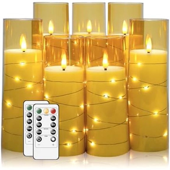Flameless Candles,with Embedded Star String, Battery Operated Candles Flickering LED Pillar Candles with Remote Control and Timer, Home Decoration Add a Warm and Romantic Atmosphere,Set of 7 (Gold)
