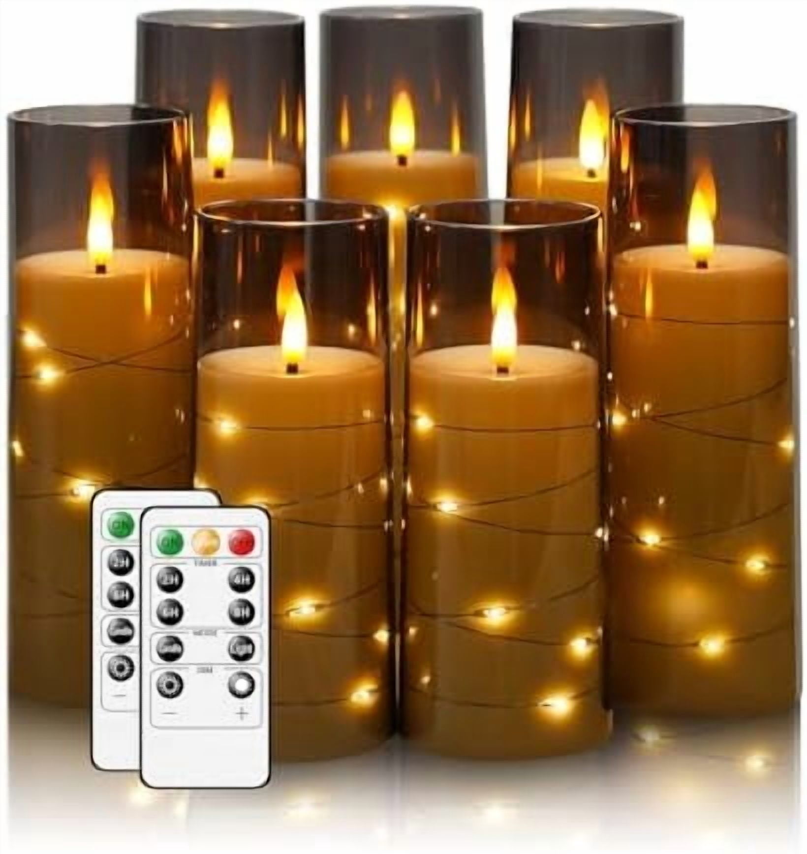 Flameless Candles,with Embedded Star String, Battery Operated Candles Flickering LED Pillar Candles with Remote Control and Timer, Home Decoration Add a Warm and Romantic Atmosphere，Set of 7 (Grey)
