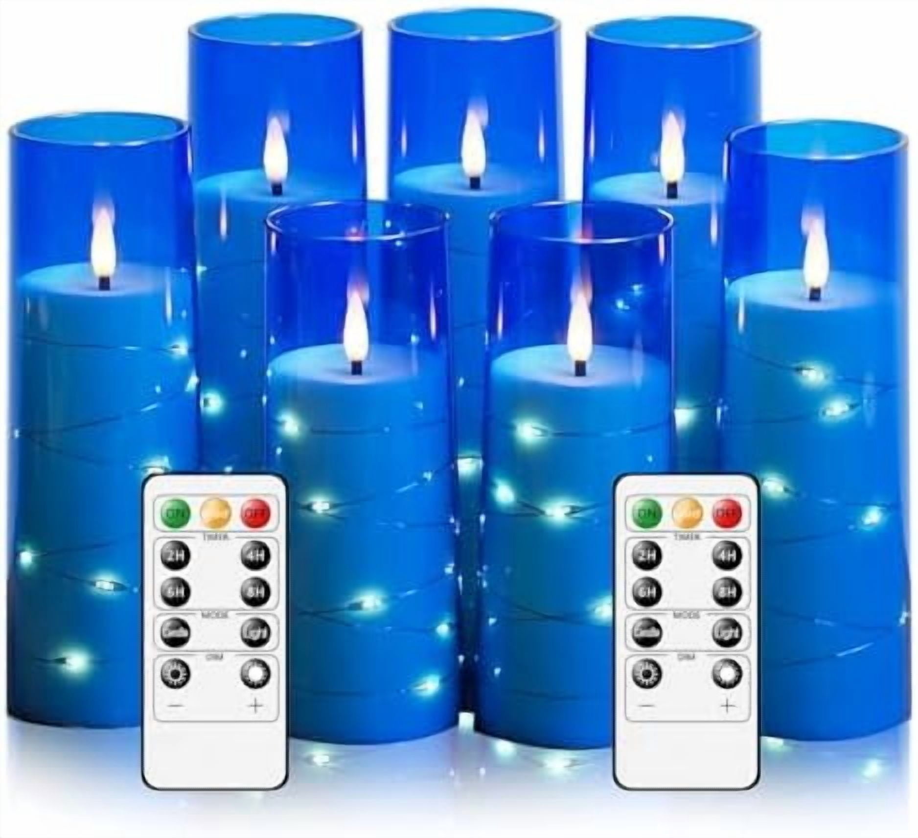 Flameless Candles,with Embedded Star String, Battery Operated Candles Flickering LED Pillar Candles with Remote Control and Timer, Home Decoration Add a Warm and Romantic Atmosphere，Set of 7 (Blue)