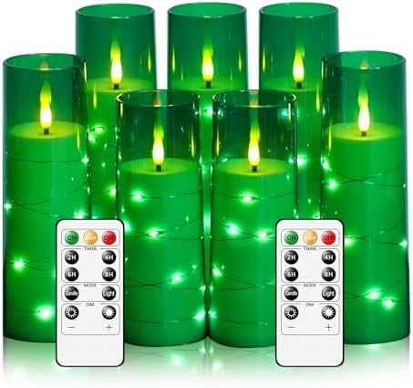 Flameless Candles,with Embedded Star String, Battery Operated Candles Flickering LED Pillar Candles with Remote Control and Timer, Home Decoration Add a Warm and Romantic Atmosphere，Set of 7 (Green)