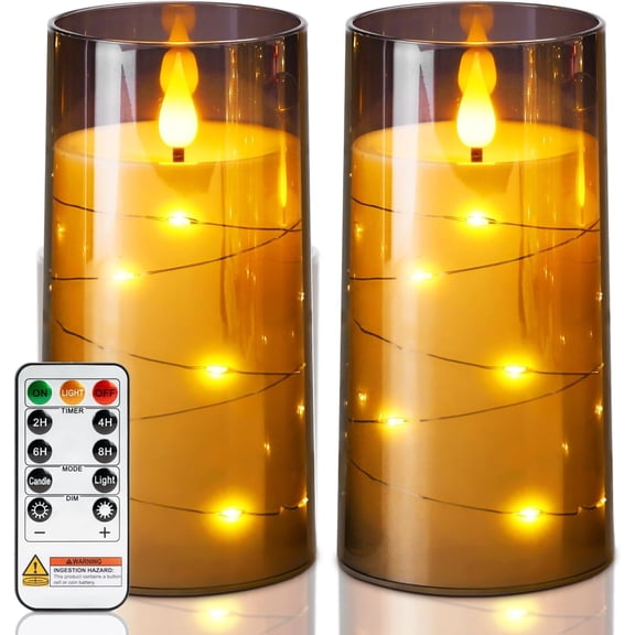 Flameless Candles with Embedded String Fairy Lights, Operated Candles, LED Candle, Candles with Remote Control and Timer, Grey, Set of 2(H 6" 6")