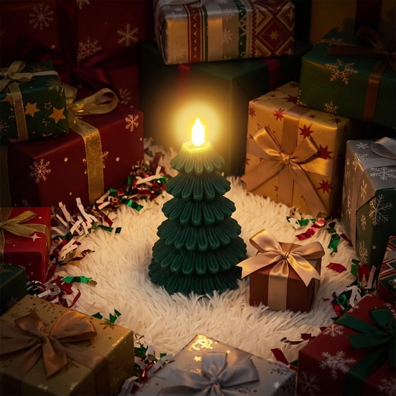Flameless Christmas Tree Shaped Candle, Green Plastic LED Candle Light with Realistic Flickering Flame, Battery Operated Holiday Decoration for Mantel, Table, Party, and Home Decor, 0.39x0.39x0.39in