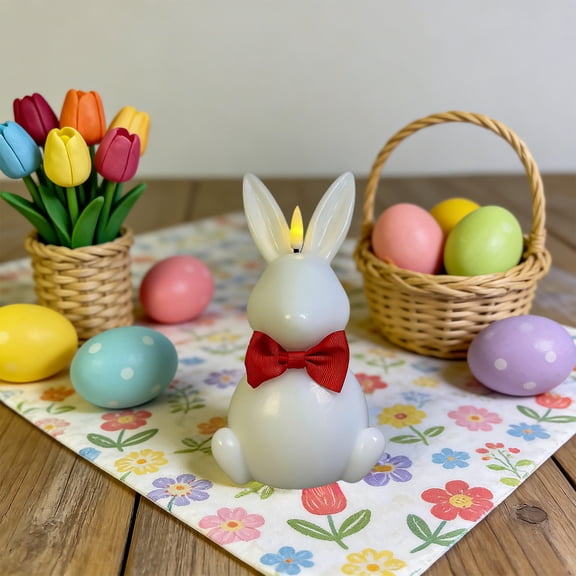 Flameless Easter Bunny Electronic Candle Lamp, Realistic Paraffin Wax Look with Flickering LED, Safe Battery-Free Decor for Spring Holiday Table Centerpiece and Childs’ Rooms