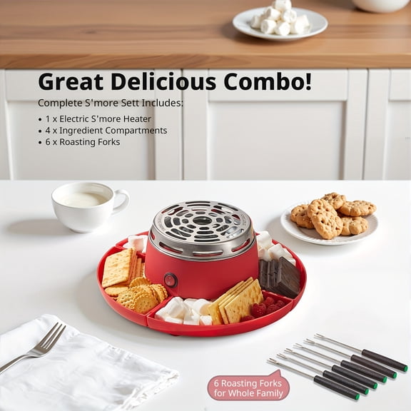 Flameless Electric Tabletop Marshmallow Roaster with Four Removable Trays and Six Roasting Forks for Indoor Family Fun and Cozy Gatherings, Vibrant Red Design