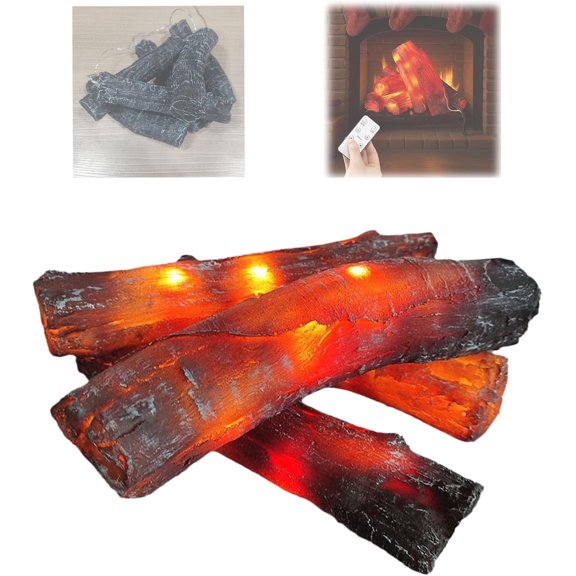 Flameless Fireplace Log Light With Remote Control, Artificial LED Fire Logs For Indoor Fireplace Holiday Decor (8.7 Inch)4Pcs