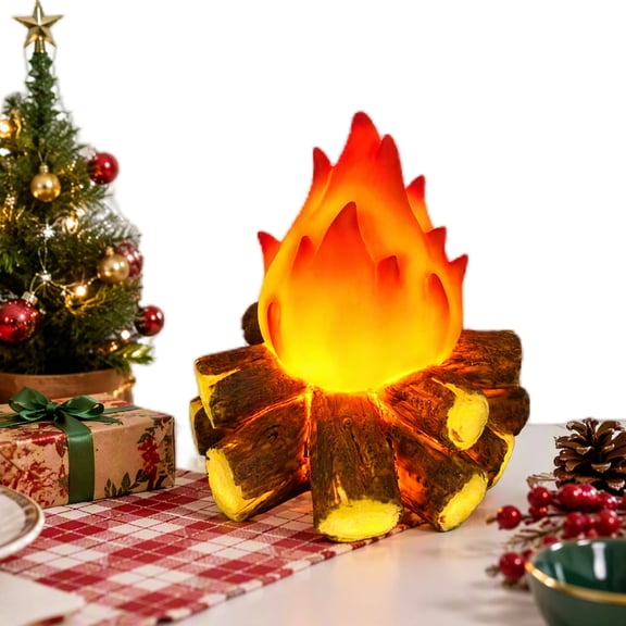 Flameless Firewood Log Flame Light, Resin ABS Flickering LED Fake Fire Lamp, Battery Operated Safe Indoor Decor for Halloween Christmas Fireplace Mantel, 3 AAA Not Included (Style B)