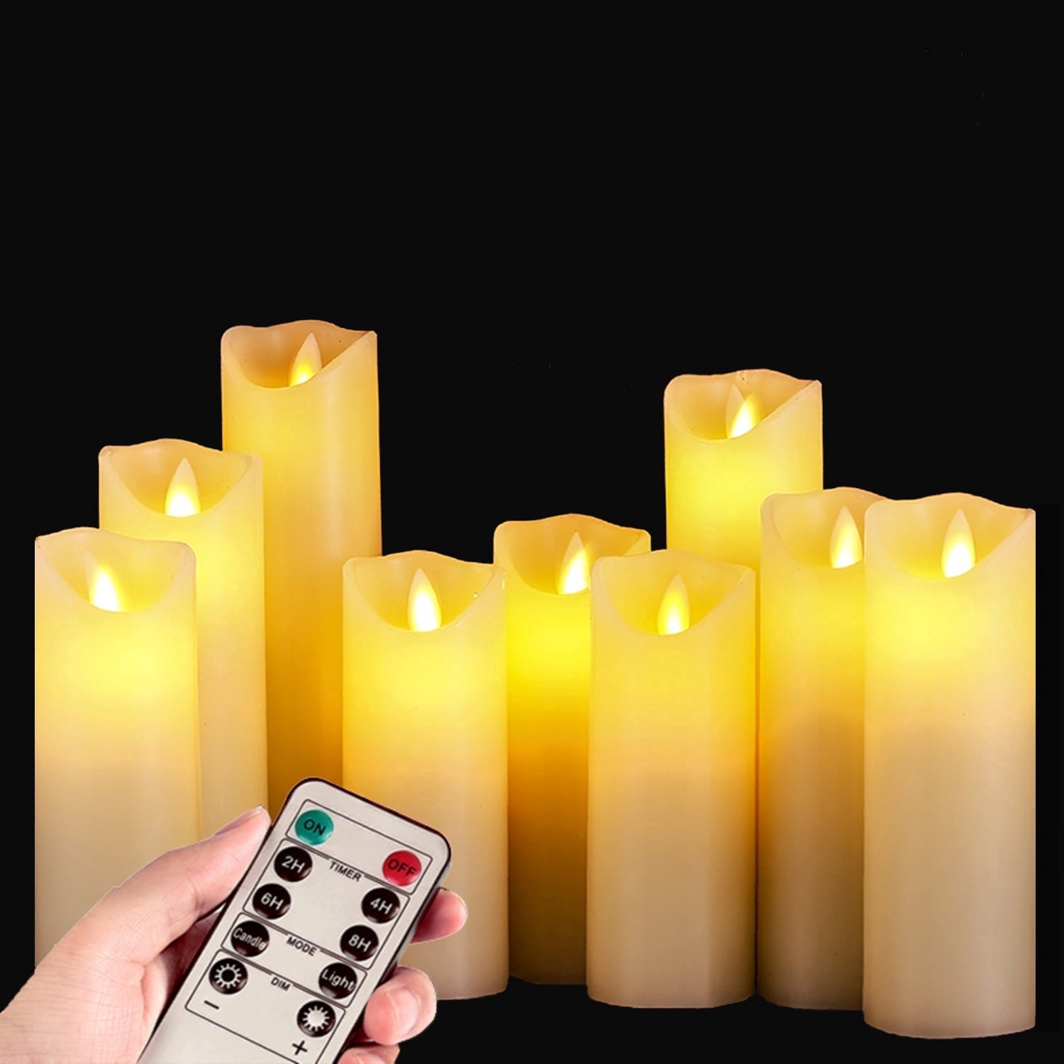 Flameless Flickering Battery Operated Candles 4" 5" 6" 7" 8" 9" Set of 9 Ivory Real Wax Pillar LED Candles with 10-Key Remote and Cycling 24 Hours Timer (Ivory)