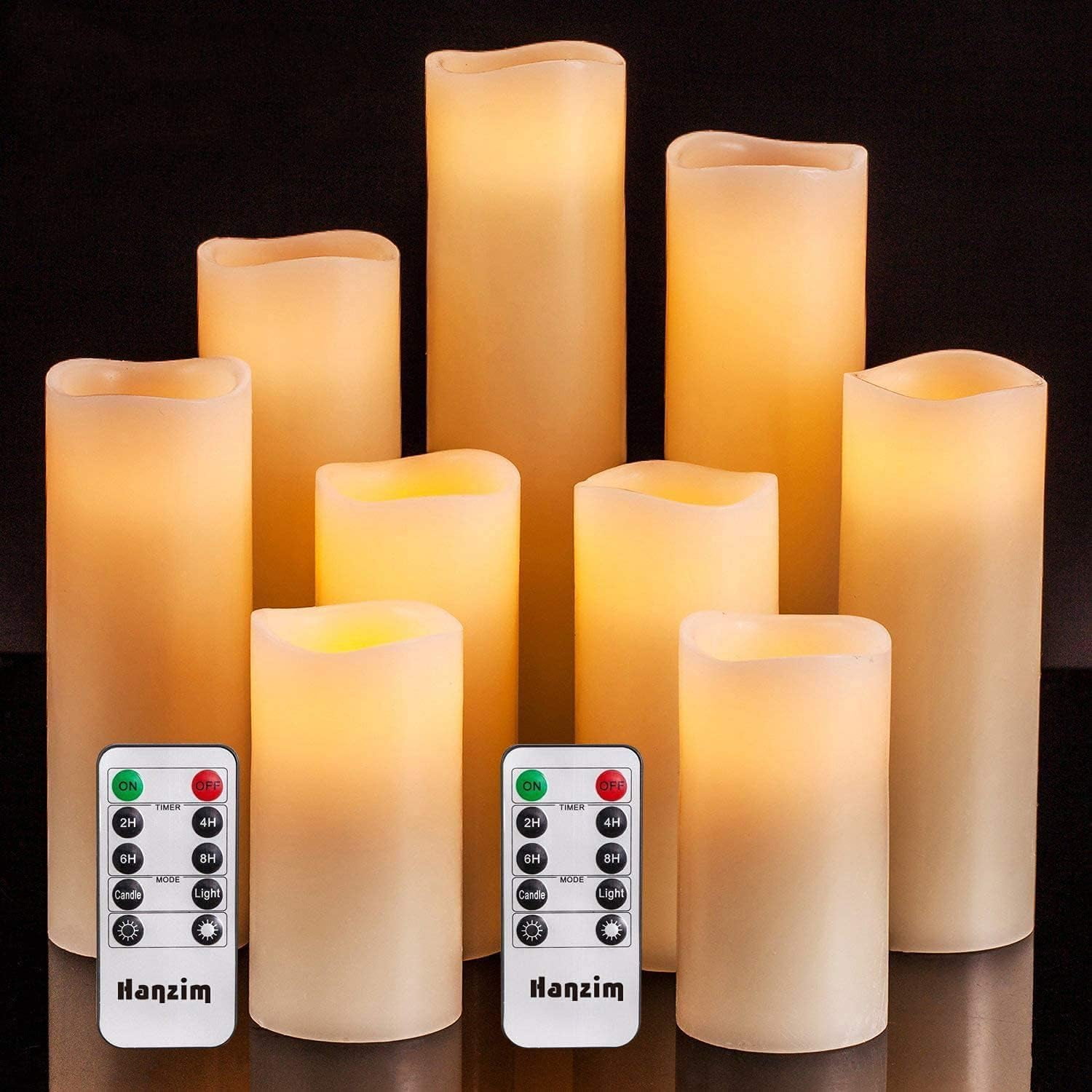 Hanzim Flameless Flickering Battery Operated Candles D2.2''*H4 5" 6" 7" 8" 9" Set of 9 Ivory Real Wax Pillar LED with 10-Key Remote and Cycling 24 Hours Timer (Ivory)