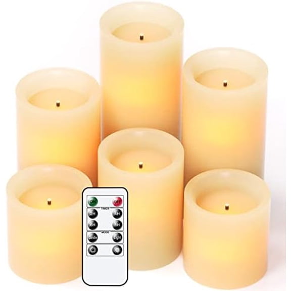Flameless Flickering Candles Battery Operated with 10-Key Remote and Timer, Set of 6 Real Wax Optical Fiber Wick Warm Light LED Pillar Candles Christmas Decoration(Ivory, D3" x H3"4"5"6"7")