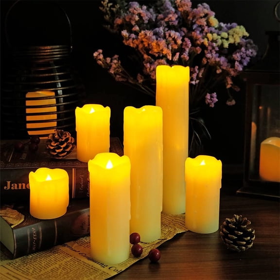 Flameless Flickering Candles Battery Operated(Battery Included) with 6 Hour Timer, Set of 6 Dripping Wax LED Pillar Candles Halloween Christmas Home Decor(Ivory, 2" D x 2"-9" H)