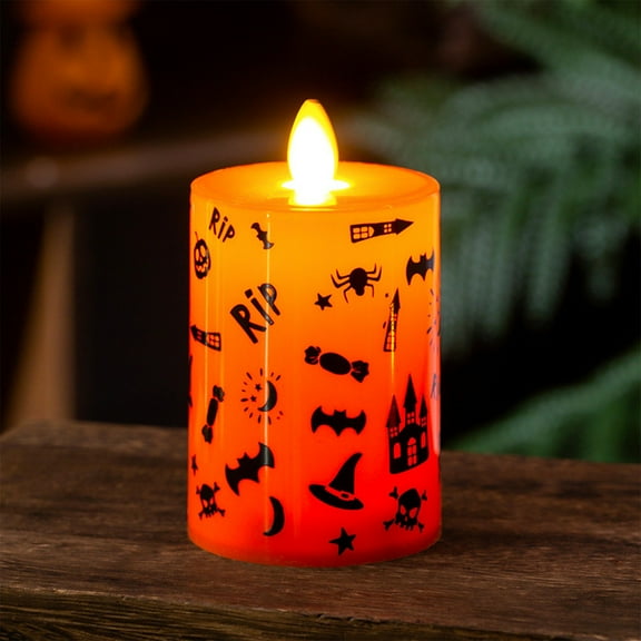 Flameless Flickering Candles,Electric LED Halloween Fake Pillar Candles,Halloween Flameless Votive Candles with Skull, Spider Web, Crow Raven Decals,Flickering LED Tealight Candles for Halloween
