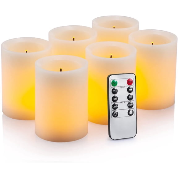 Flameless Flickering LED Candles 3" X 4" with 10-Key Remote Control Timer Classic Pillar Optical Fiber Wick Real Wax Battery Operated Candles, Ivory Color, Set of 6