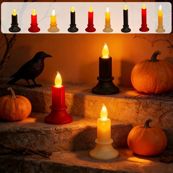 Flameless Flickering LED Taper Candle Tabletop Decor, Plastic Electronic Candle Light, Indoor Halloween Thanksgiving Christmas Fall Harvest Dining Fireplace Window Seasonal Table Centerpiece Ornament