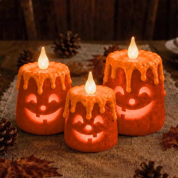 Flameless Flickering Moving Flame Battery Operated Candle LED Dcor - Spooky Halloween Collection, Orange Wax Jack-o-Lantern Pumpkin