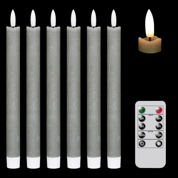 Flameless Flickering Taper Candles with 2 Remote Controls and Timer, Real Wax 3D Wick Light Window Candles Battery Operated Pack of 8, Christmas Home Wedding Decor(White, 0.78 X 9.64 Inch)