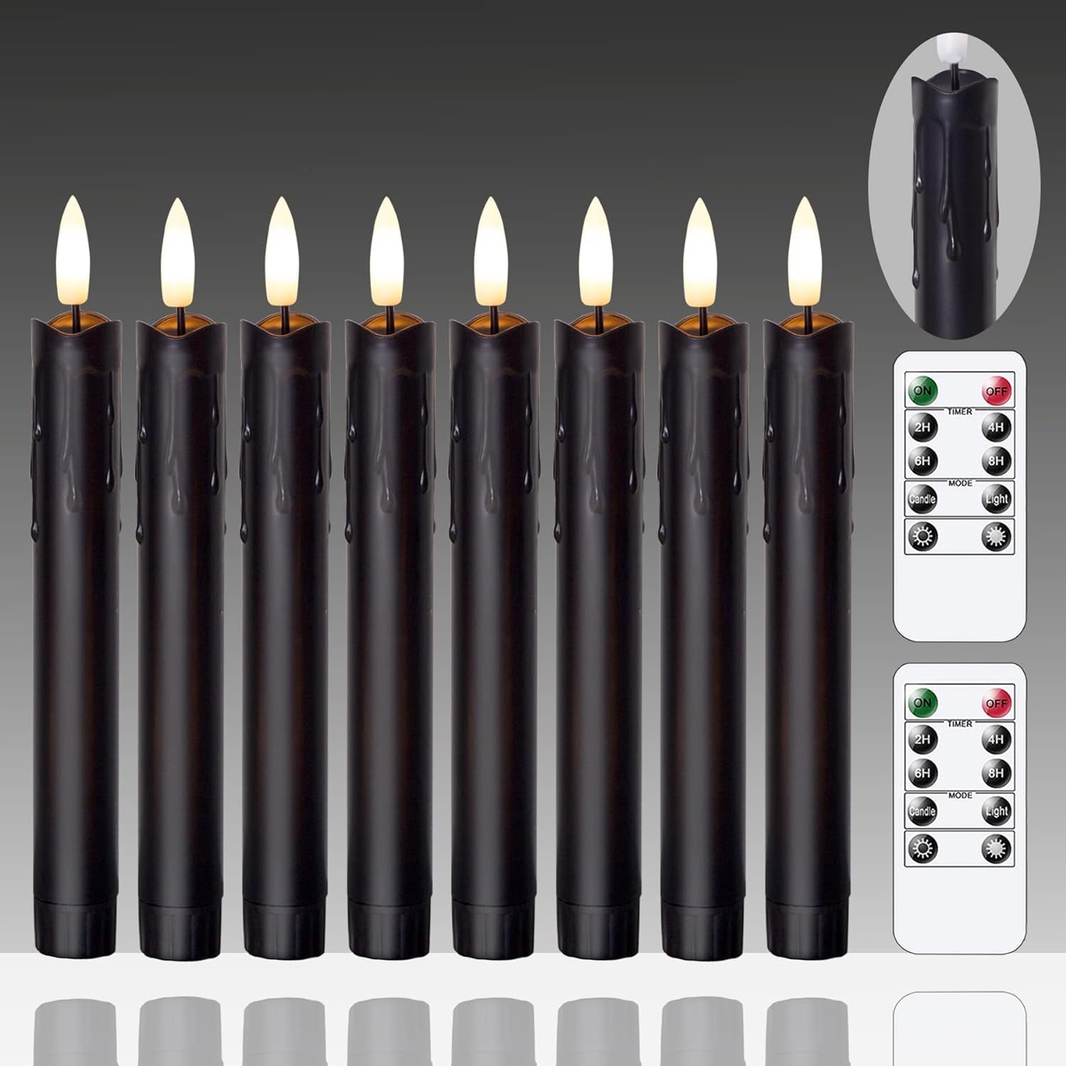 Flameless Flickering Taper Candles Set of 8 with Two Remotes 7.5 Inch