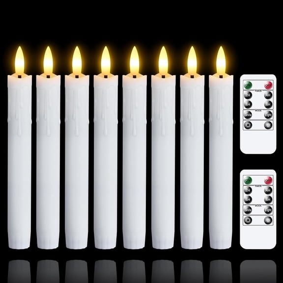 Flameless Flickering Taper Candles Two Remote, 7.5 Inch White Battery Operated LED Window Timer,Set of 8 Plastic 3D-Wick Dripping-Wax Effect Candlesticks(0.86Dia,Warm Fire)