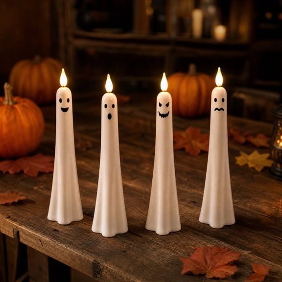 Flameless Ghost Taper Candles, Automatic Light Sensor Simulated Flame LED Candlesticks for Window, 4 Pack Halloween Fireplace Table Centerpiece Decor Lights