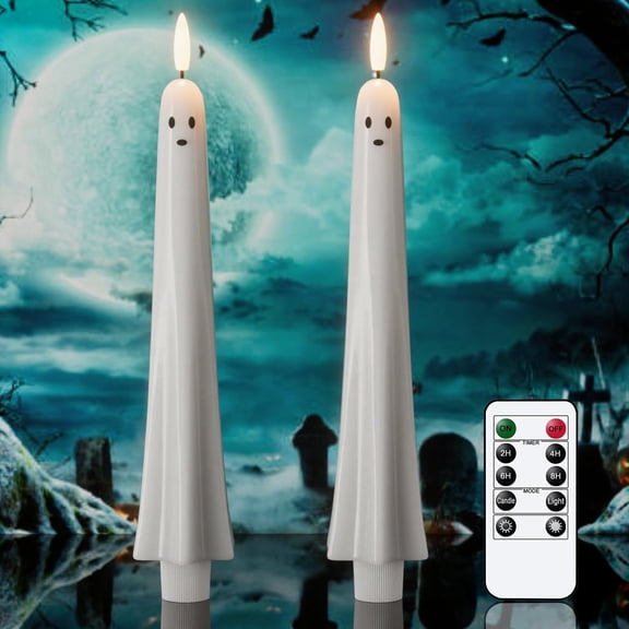 Flameless Halloween Taper Candles, Battery Operated LED Ghost Candles with Remote & Timer, Real Wax Flickering 3D Wick Taper Candles for Halloween Table Centerpiece Window Indoor Decorations, Set of