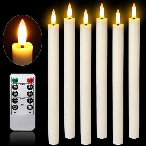 Flameless Ivory Taper Candles Flickering with 10-Key Remote, Battery Operated Led Warm 3D Wick Light Window Candles Real Wax Pack of 6, Christmas Home Wedding Decor(0.78 X 9.64 Inch)