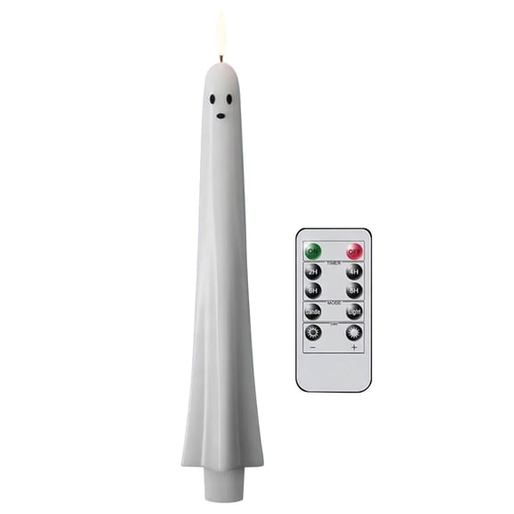 Flameless LED Candle Halloween Decorations,Remote Control Ghost Design with Realistic Flicker Effect,Plastic Stem for Spooky Tabletop Mantel Party Display White