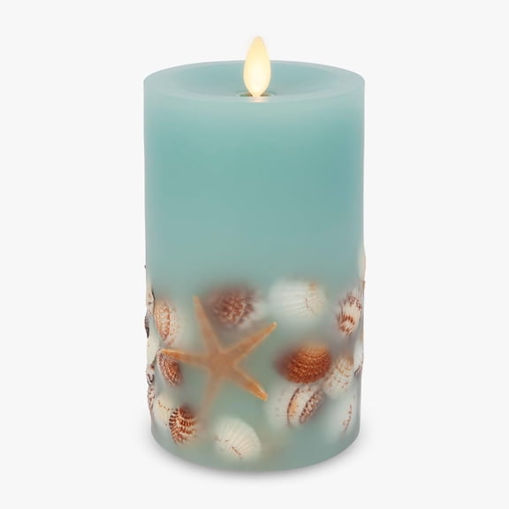 Flameless LED Candle Pillar with Moving Flame Effect Unscented Real Wax Seashell and Starfish Design Teal 6.5 Inch Bestseling