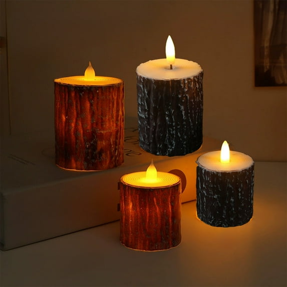 Flameless LED Candle Set | Pines Bark Flickering Lights | Rustic Battery Operated Candles | Large & Small | 2 Piece Brown Decor | Winter Christmas Home Accent