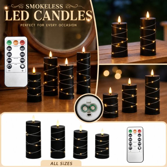 Flameless LED Candle String Lights, Battery Operated Fake Candles, Candles for Fall Decor Christmas Decorations Living Room Decor, LED Swinging Candles Flameless Plastic Candle Light, B